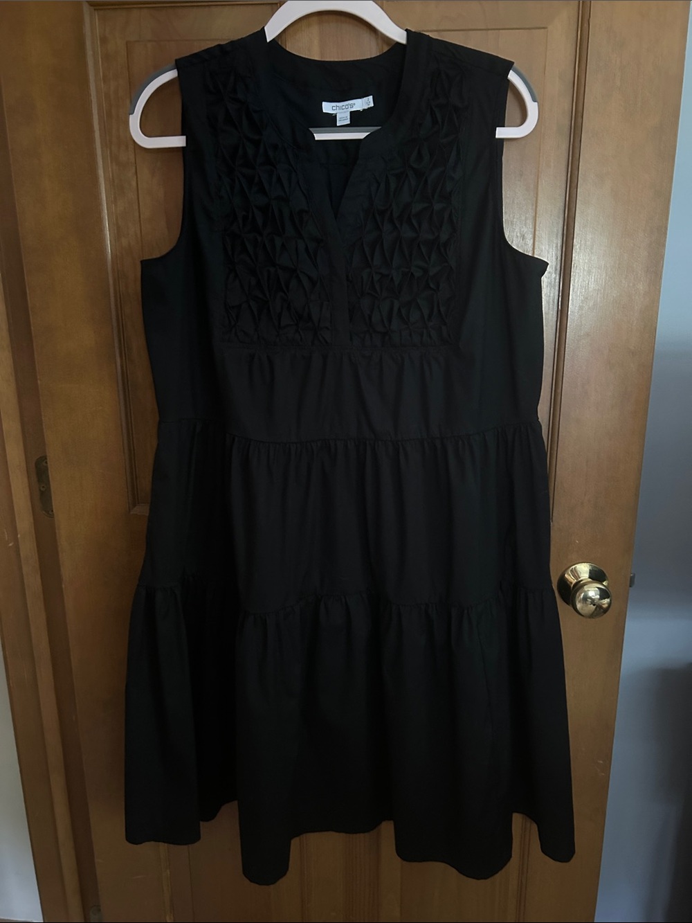 Chico's Black Sleeveless Tiered Midi Dress with Pintuck Panel